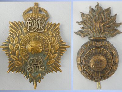 Pair* Royal Marines Portsmouth Queens Crown with Gilding Royal Cyphers and Royal Marines Artillery Cap Badges. 22434:6 . Pair* Royal Marines Portsmouth Queens Crown with Gilding Royal Cyphers and Royal Marines Artillery Cap Badges. 22434:6 .  Antique & Militaria