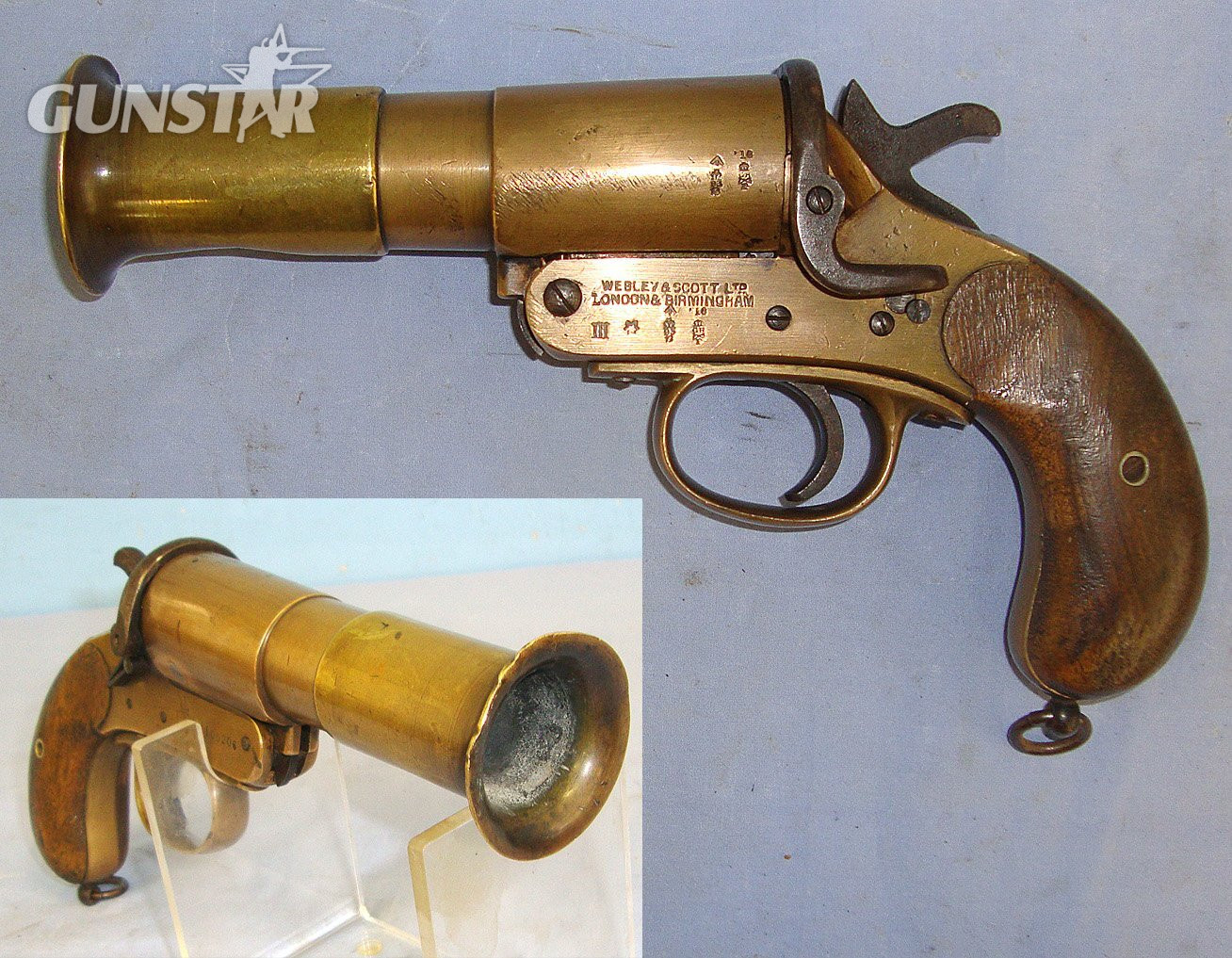 WW1 British WD 1918 Webley & Scott MK III* Brass Trench/ Signal Flare Pistol With Flared Muzzle**COCKS & DRY FIRES**UK ONLY 2015 DEACTIVATION**Sn 23185 flare pistol None Single Shot in 