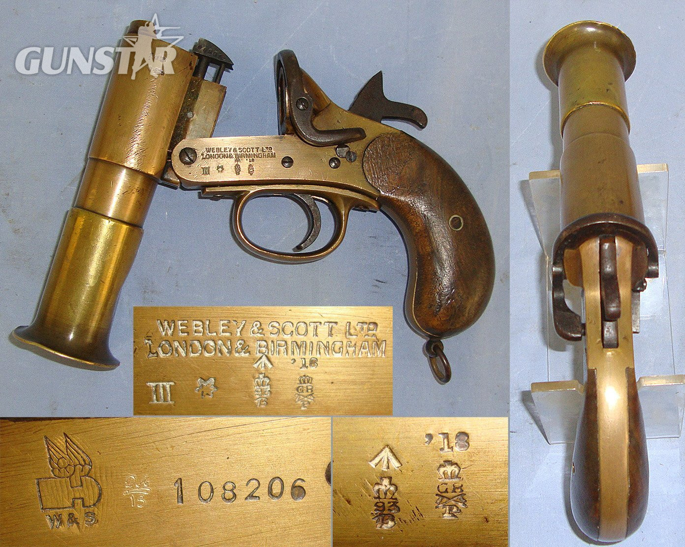 WW1 British WD 1918 Webley & Scott MK III* Brass Trench/ Signal Flare Pistol With Flared Muzzle**COCKS & DRY FIRES**UK ONLY 2015 DEACTIVATION**Sn 23185 flare pistol None Single Shot