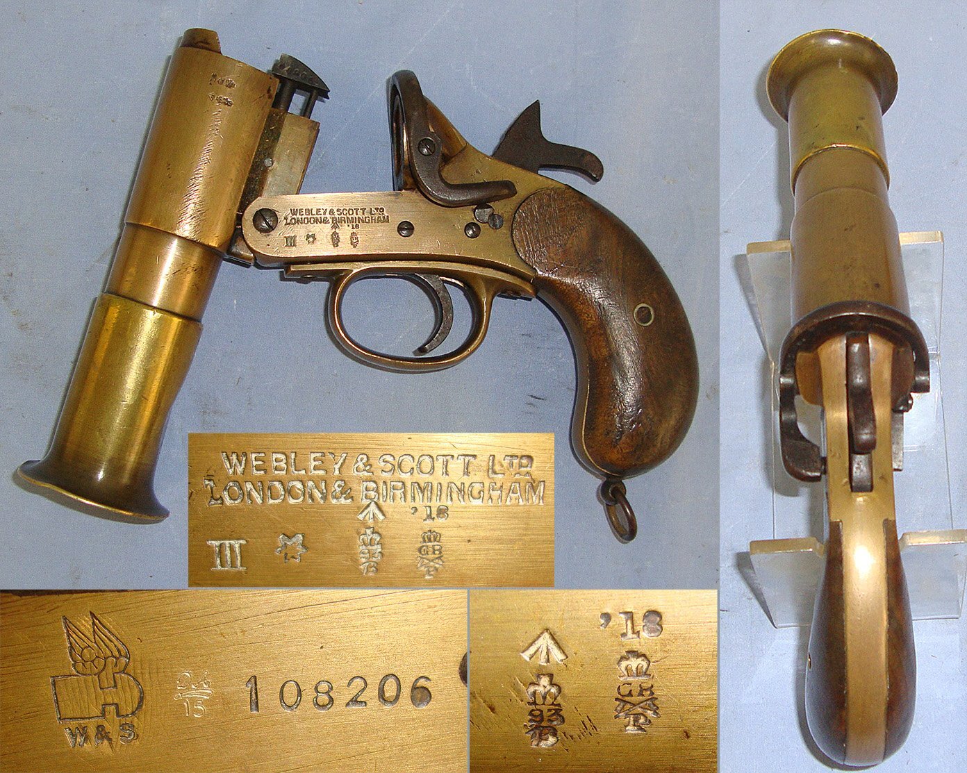 WW1 British WD 1918 Webley & Scott MK III* Brass Trench/ Signal Flare Pistol With Flared Muzzle**COCKS & DRY FIRES**UK ONLY 2015 DEACTIVATION**Sn 23185 flare pistol None Single Shot
