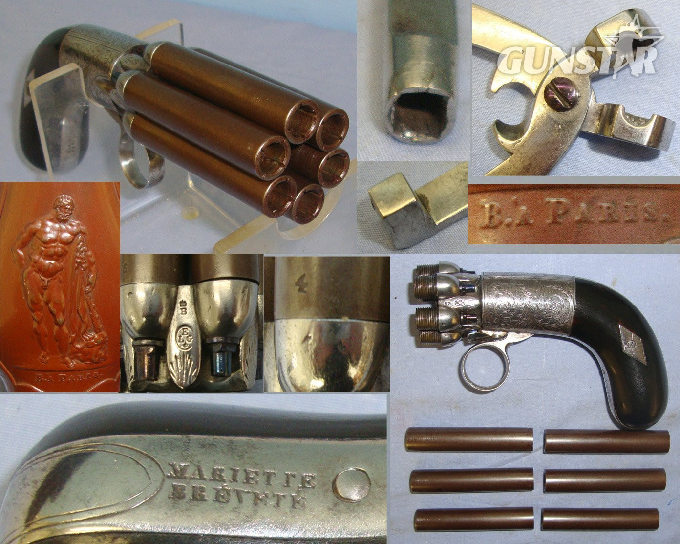 BEST QUALITY**MINT BORES**FACTORY NICKEL PLATED**Cased C1840 Liege Mariette Brevette .36 Calibre Under Hammer Ring Trigger, 6 Shot Percussion Pepper Box Revolver  With Turn Off Damascus Steel Barrels & Original Period Accessories. Sn 22967:4 .36 Cal Muzzleloader Muzzleloader in 