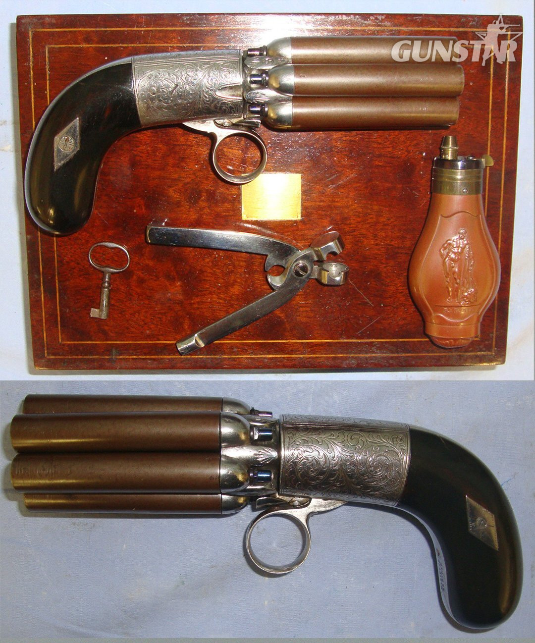 BEST QUALITY**MINT BORES**FACTORY NICKEL PLATED**Cased C1840 Liege Mariette Brevette .36 Calibre Under Hammer Ring Trigger, 6 Shot Percussion Pepper Box Revolver  With Turn Off Damascus Steel Barrels & Original Period Accessories. Sn 22967:4 .36 Cal Muzzleloader Muzzleloader