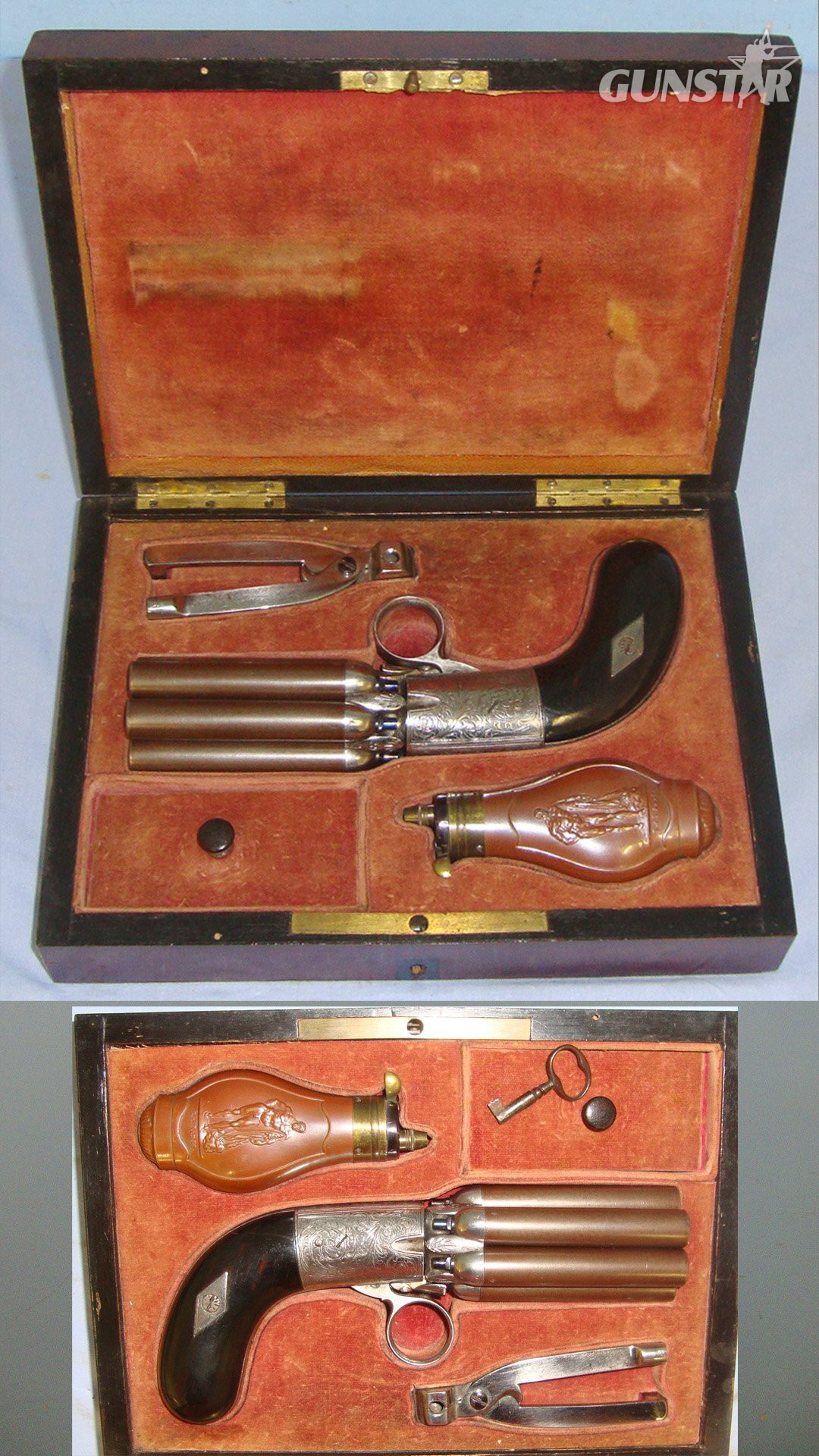  BEST QUALITY**MINT BORES**FACTORY NICKEL PLATED**Cased C1840 Liege Mariette Brevette .36 Calibre Under Hammer Ring Trigger, 6 Shot Percussion Pepper Box Revolver  With Turn Off Damascus Steel Barrels & Original Period Accessories. Sn 22967:4 .36 Cal Muzzleloader Muzzleloader