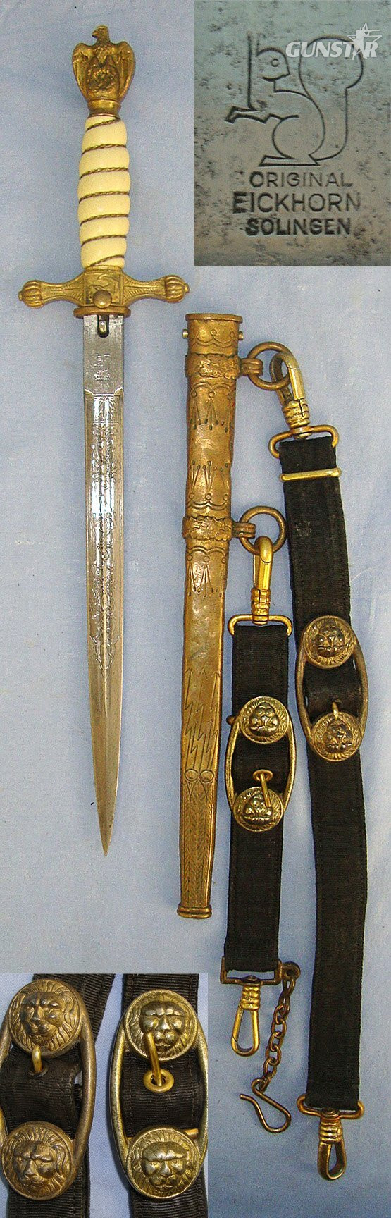 WW2 Era Nazi German Kriegsmarine Dagger With Etched Blade By Eickhorn Solingen With Scabbard & Lion’s Head Boss Hangers. Sn 23484:110 Dagger in 