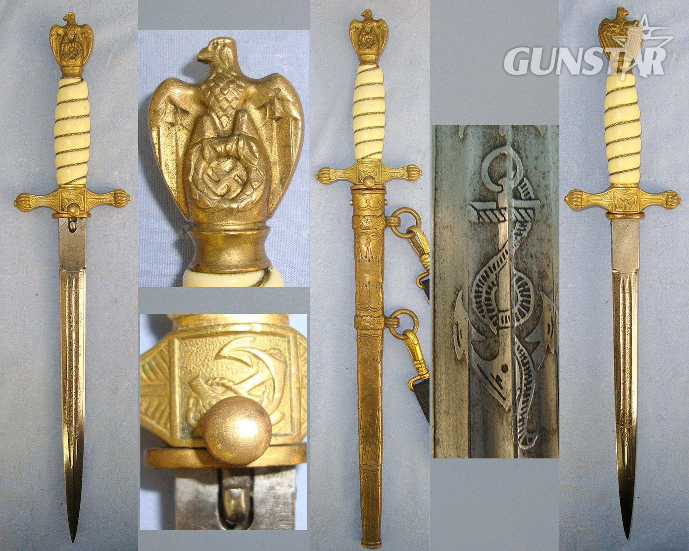 WW2 Era Nazi German Kriegsmarine Dagger With Etched Blade By Eickhorn Solingen With Scabbard & Lion’s Head Boss Hangers. Sn 23484:110 Dagger