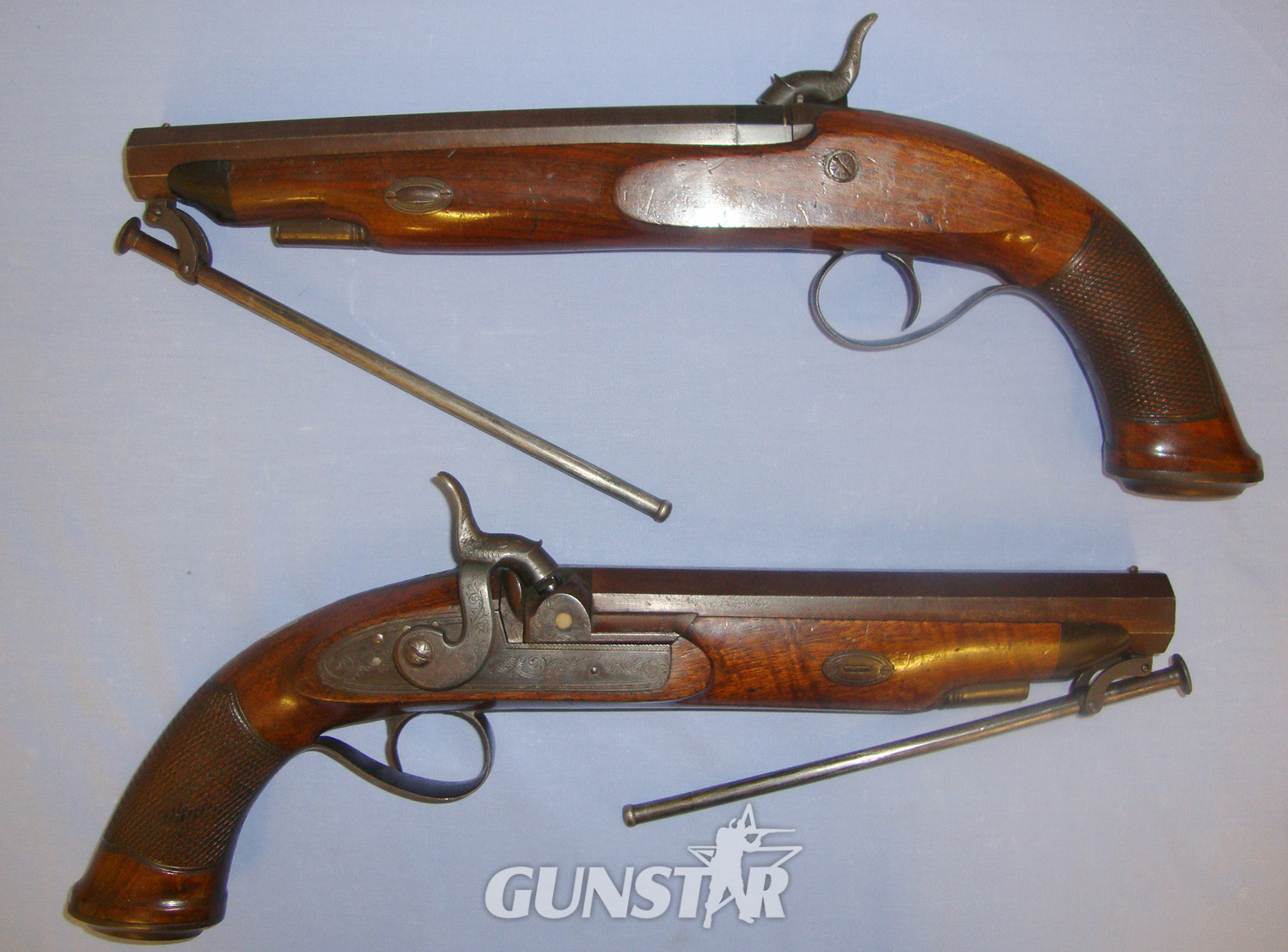  BEST QUALITY** Brace Of English Durs Egg London 24 Bore Percussion Traveling Pistols With Octagonal Damascus Steel Barrels & Captive Iron Ram Rods. Sn 21020 None Muzzleloader