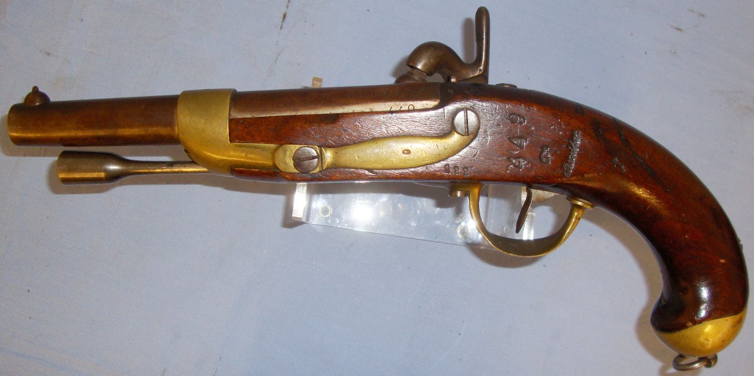  1831 French Model 1822 Challerault Cavalry Pistol Converted from Flintlock to Percussion. A 585. 1831 French Model 1822 Challerault Cavalry Pistol Converted from Flintlock to Percussion. A 585. Obsolete Muzzleloader