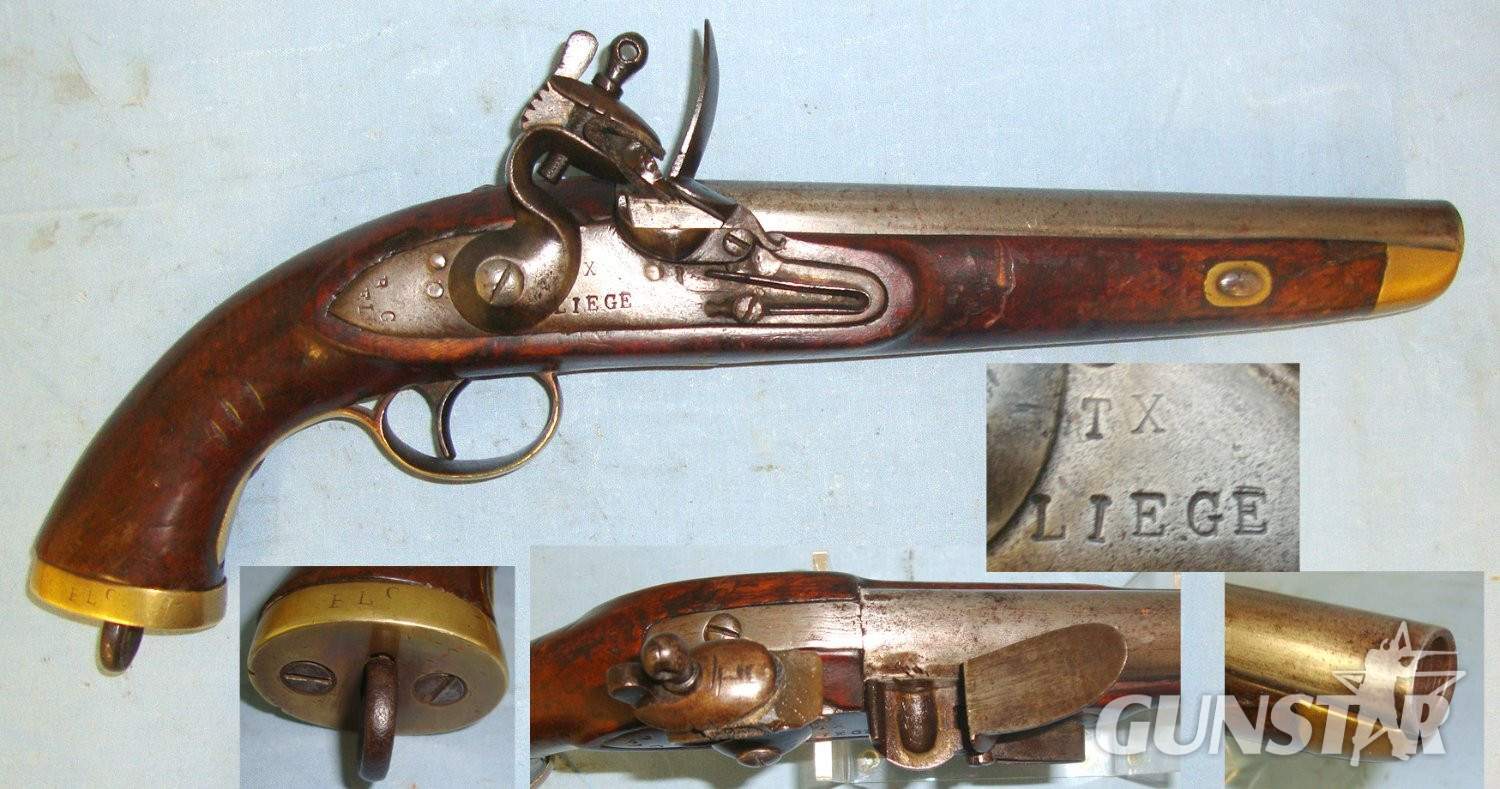 NAPOLEONIC WAR ERA**C1810 Liege Belgium .650 Calibre Flintlock British Royal Navy / Merchant Navy Sea Service Pistol With Brass Fittings. Sn 22426:20 .65 Cal Muzzleloader Muzzleloader