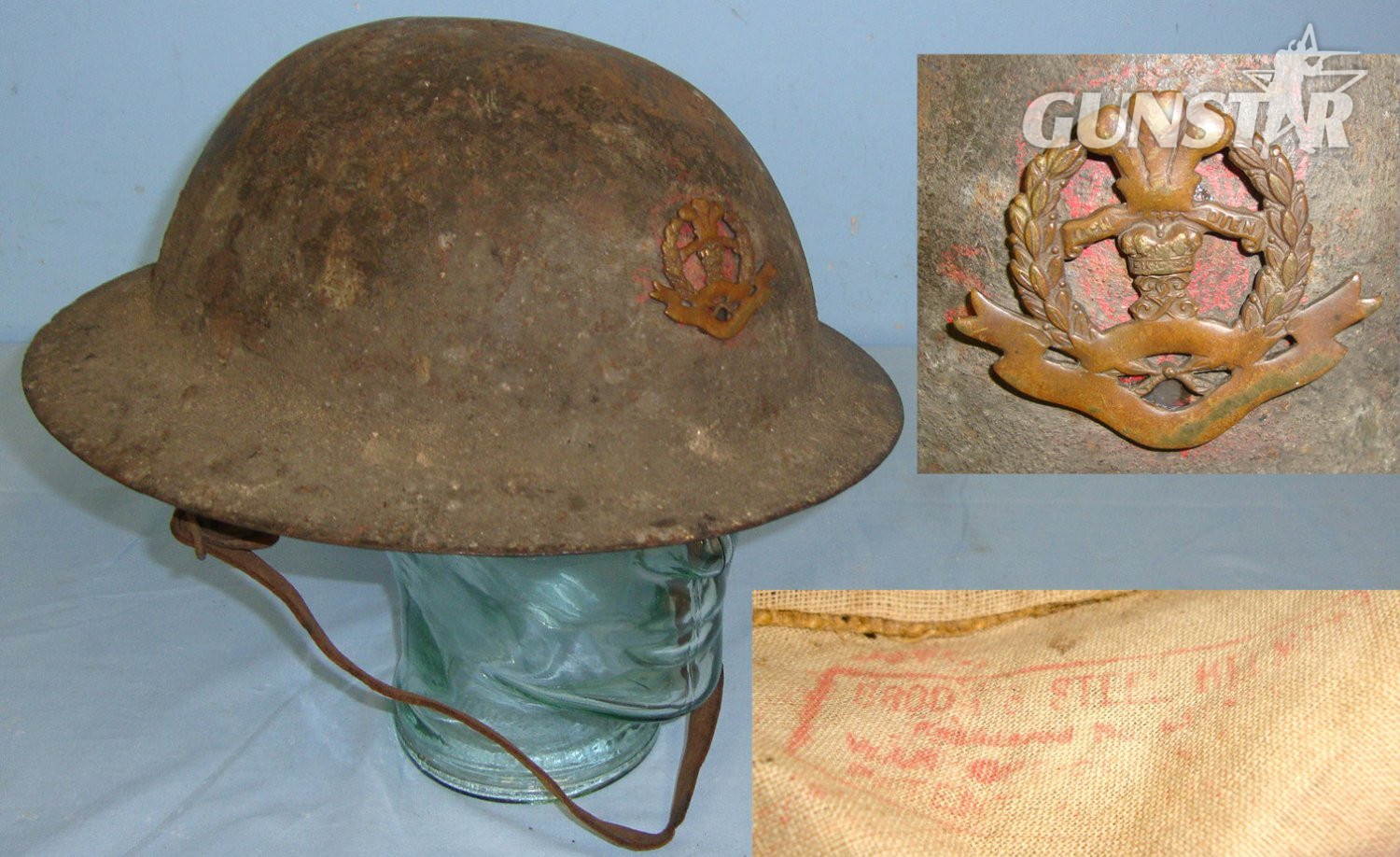 WW1 C1915 British Middlesex Regiment Officer’s 1st Pattern 1st Type Brodie \'Raw Edge\' Combat Helmet Mounted With Original Period Middlesex Regiment Cap Badge Complete With Brodie Red Ink Stamped Oil Cloth Liner, & Leather Chin Strap. Sn 22441:19  Clothing in 