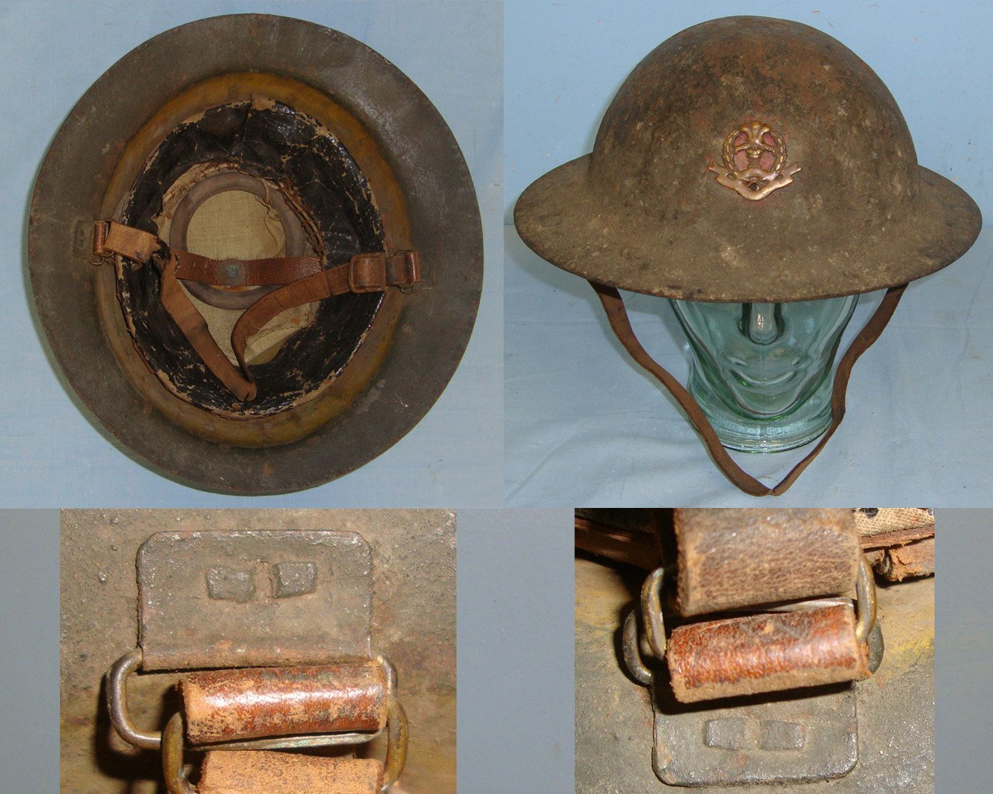 WW1 C1915 British Middlesex Regiment Officer’s 1st Pattern 1st Type Brodie \'Raw Edge\' Combat Helmet Mounted With Original Period Middlesex Regiment Cap Badge Complete With Brodie Red Ink Stamped Oil Cloth Liner, & Leather Chin Strap. Sn 22441:19  Clothing