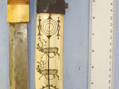 Victorian Era Finnish / Scandinavian Puukko Hunting Belt Knife With Bone Scrimshaw Etched Hilt & Scrimshaw Bone Etched Scabbard. ED 3003 Hunting Knive