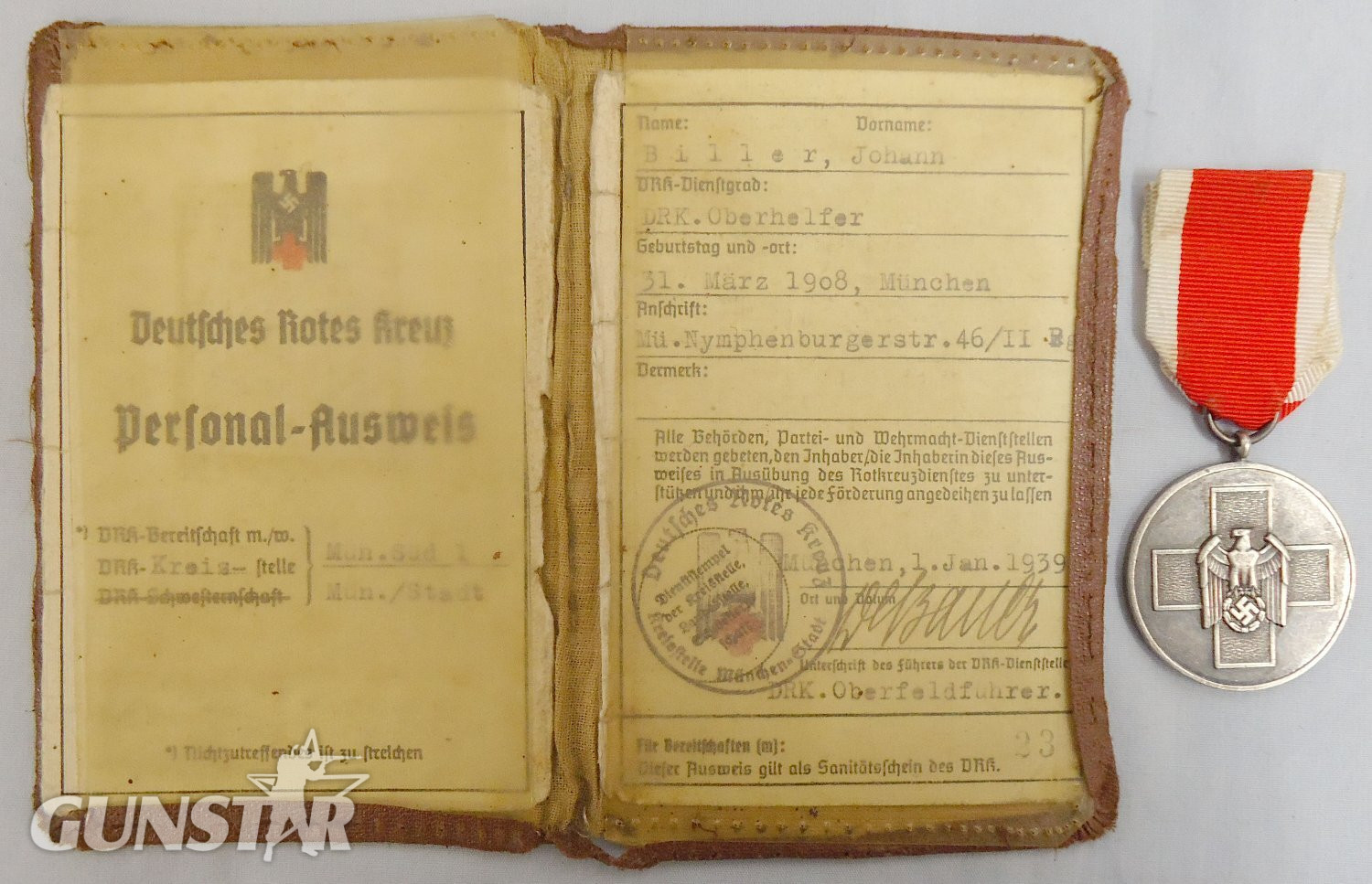 WWII German Social Welfare Medal and Ribbon with German Red Cross Personal ID Card for a Johann Biller Dated 1939. N 184. WWII German Social Welfare Medal and Ribbon with German Red Cross Personal ID Card for a Johann Biller Dated 1939. N 184. Antique & Militaria in 