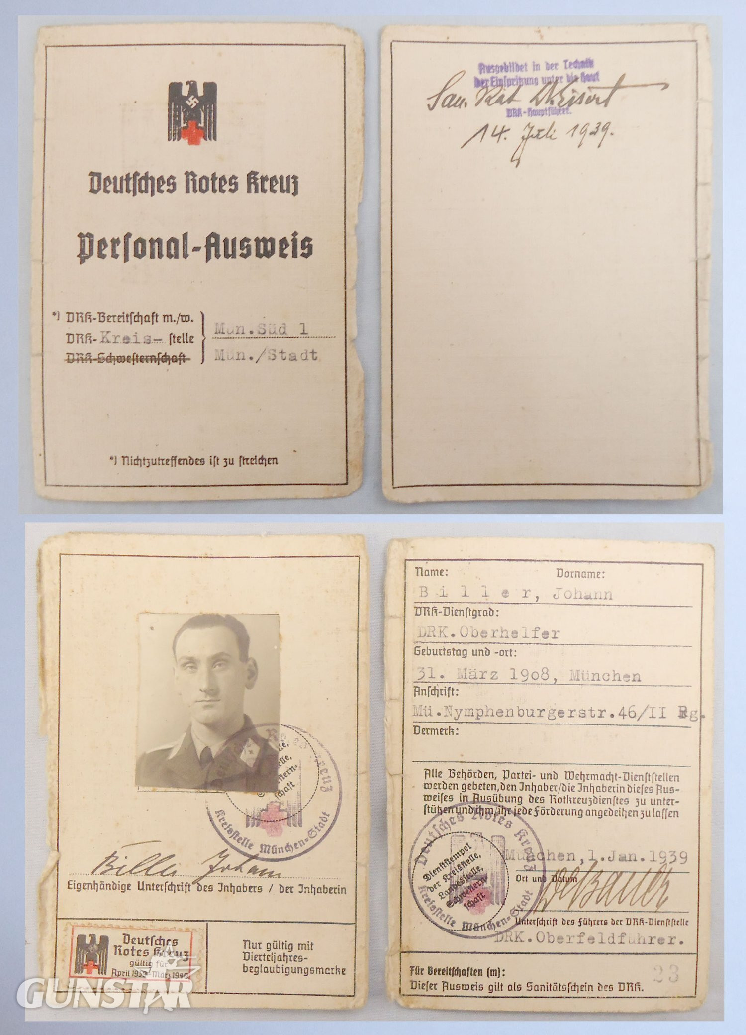 WWII German Social Welfare Medal and Ribbon with German Red Cross Personal ID Card for a Johann Biller Dated 1939. N 184. WWII German Social Welfare Medal and Ribbon with German Red Cross Personal ID Card for a Johann Biller Dated 1939. N 184. Antique & Militaria