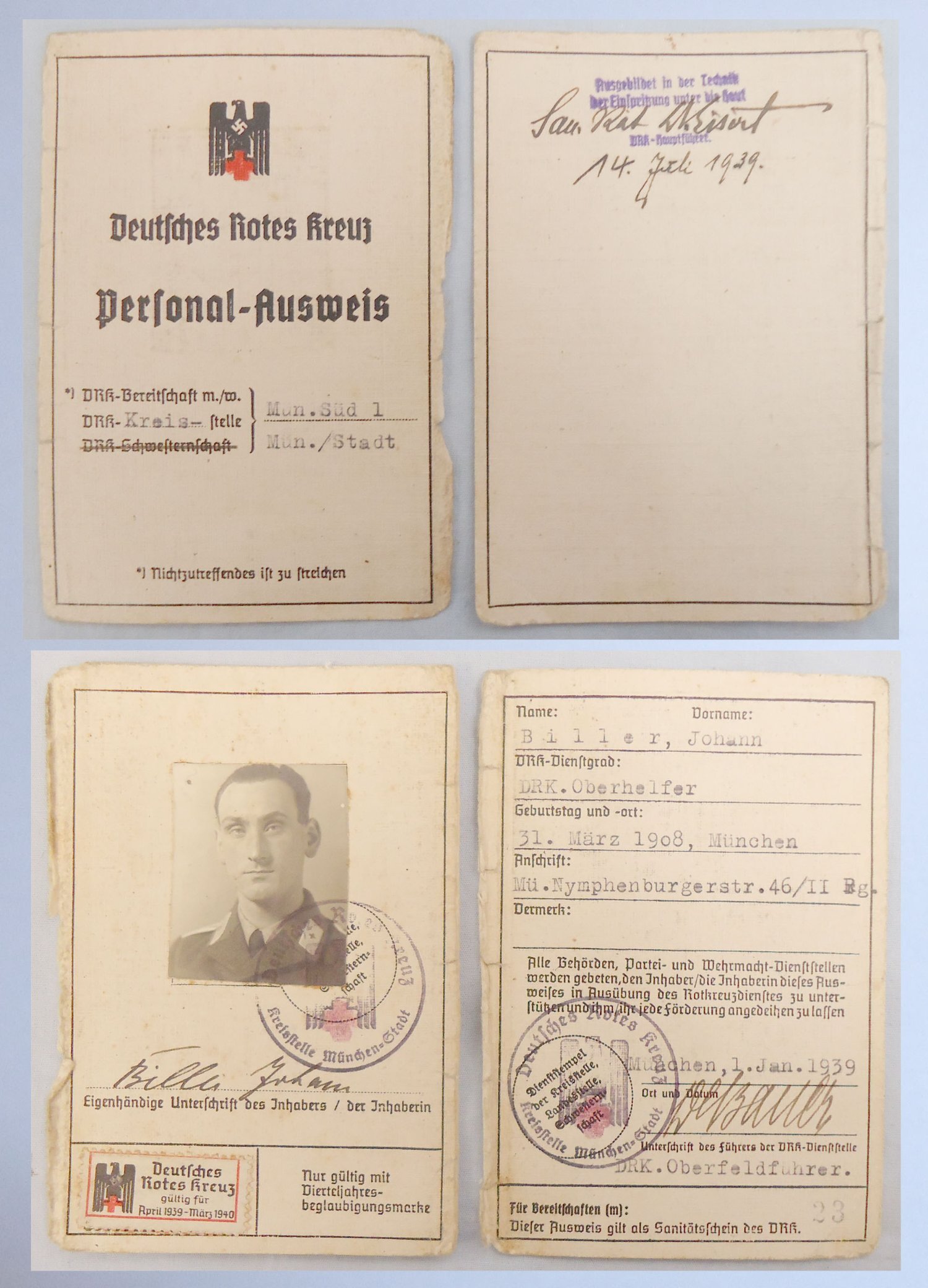 WWII German Social Welfare Medal and Ribbon with German Red Cross Personal ID Card for a Johann Biller Dated 1939. N 184. WWII German Social Welfare Medal and Ribbon with German Red Cross Personal ID Card for a Johann Biller Dated 1939. N 184. Antique & Militaria
