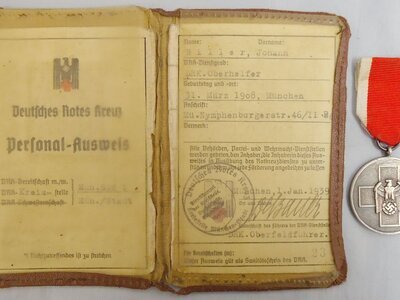 WWII German Social Welfare Medal and Ribbon with German Red Cross Personal ID Card for a Johann Biller Dated 1939. N 184. WWII German Social Welfare Medal and Ribbon with German Red Cross Personal ID Card for a Johann Biller Dated 1939. N 184. Antique & Militaria