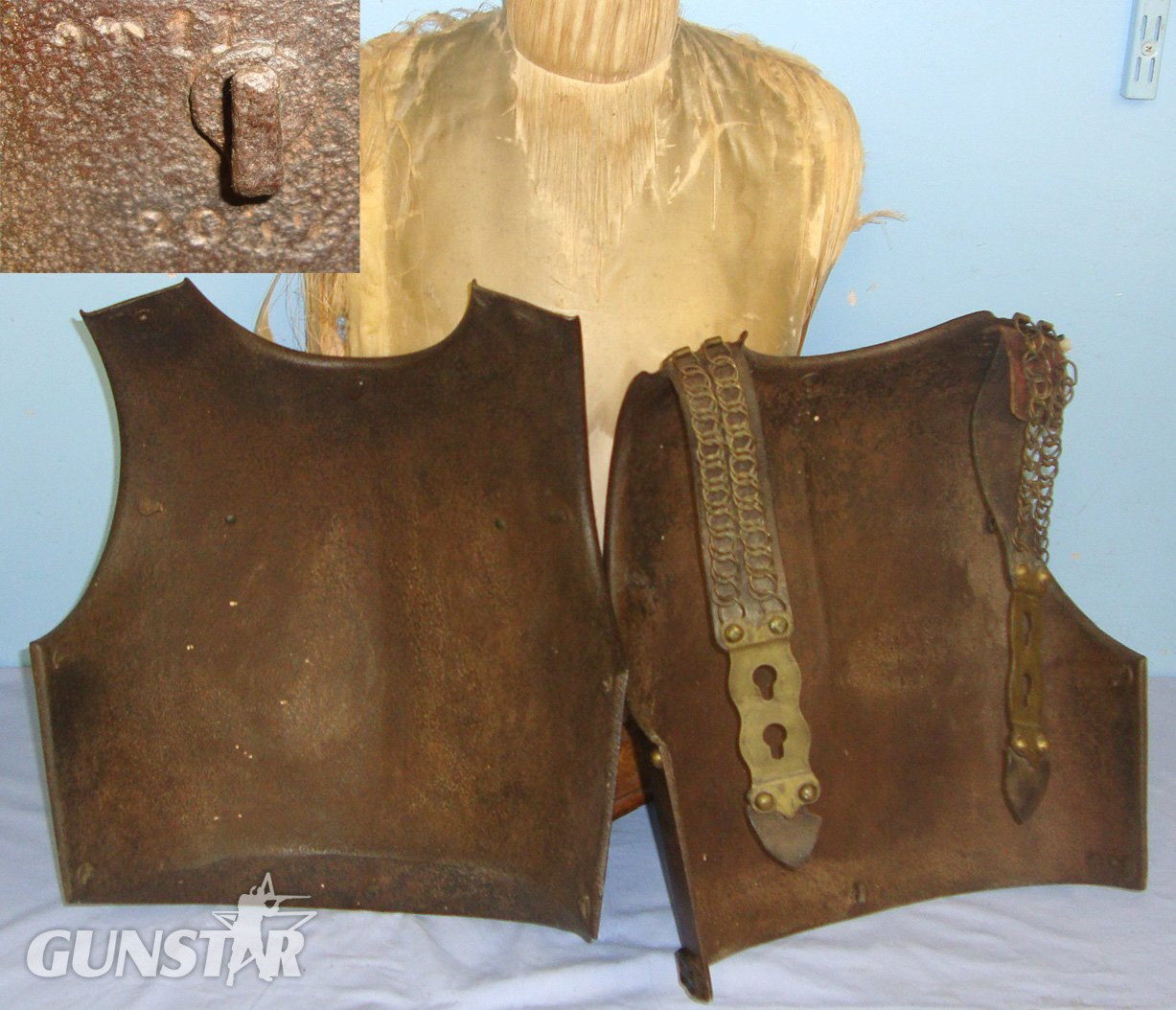 Original French Model 1825 Cuirassiers Cuirass Breast & Back Plate Armour Set With Regiment Markings ‘2T 11’ & Armour Number ‘203’ With Correct Original Leather Backed Chain Link Straps With Victorian Display Stand On Which It Was found. Sn 22910 Antique & Militaria