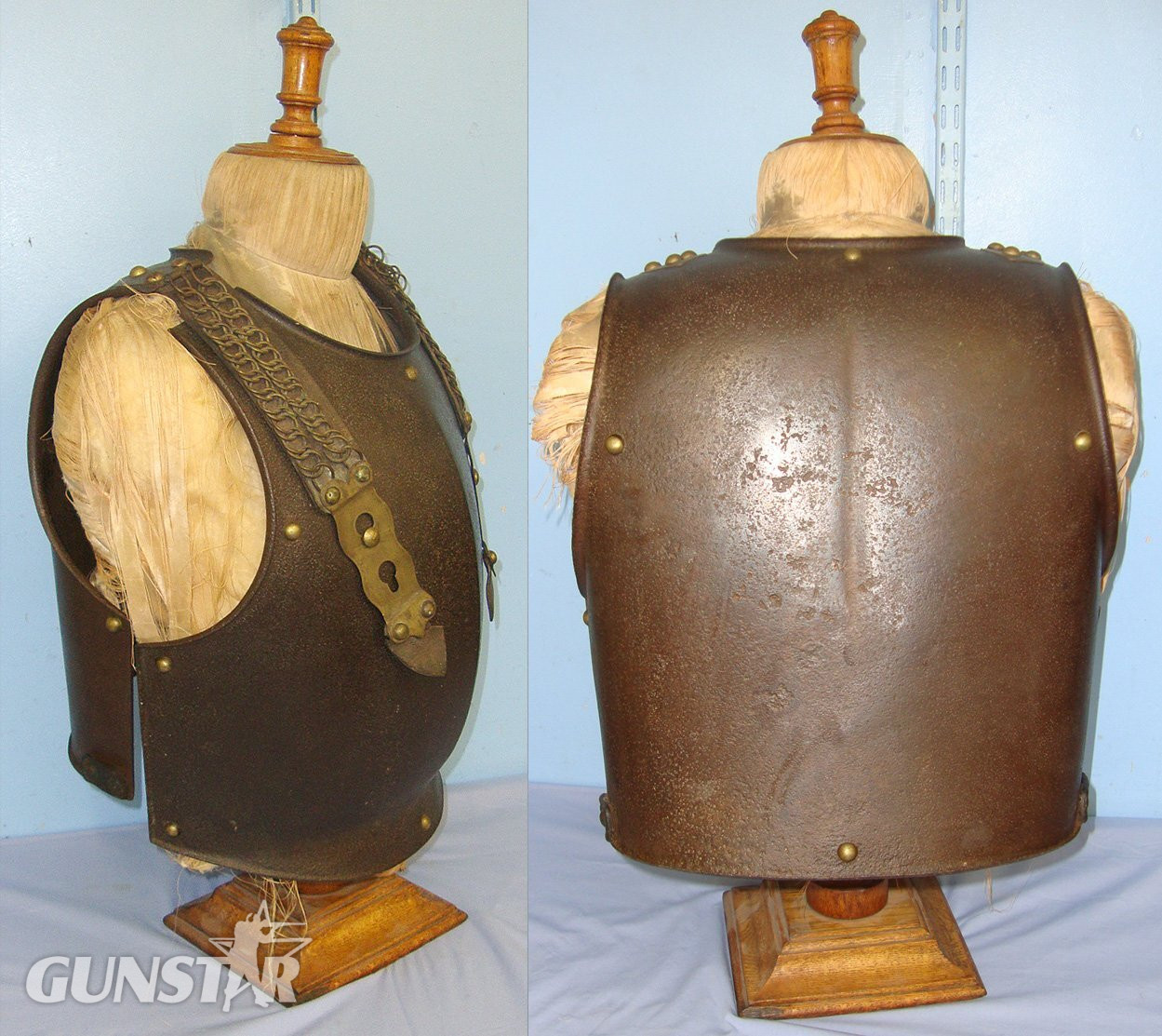  Original French Model 1825 Cuirassiers Cuirass Breast & Back Plate Armour Set With Regiment Markings ‘2T 11’ & Armour Number ‘203’ With Correct Original Leather Backed Chain Link Straps With Victorian Display Stand On Which It Was found. Sn 22910 Antique & Militaria