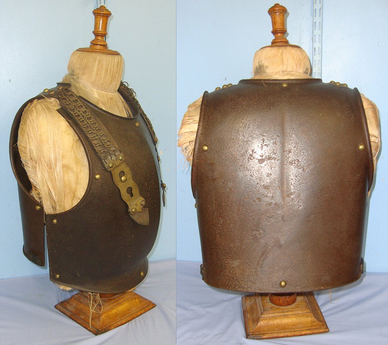  Original French Model 1825 Cuirassiers Cuirass Breast & Back Plate Armour Set With Regiment Markings ‘2T 11’ & Armour Number ‘203’ With Correct Original Leather Backed Chain Link Straps With Victorian Display Stand On Which It Was found. Sn 22910 Antique & Militaria