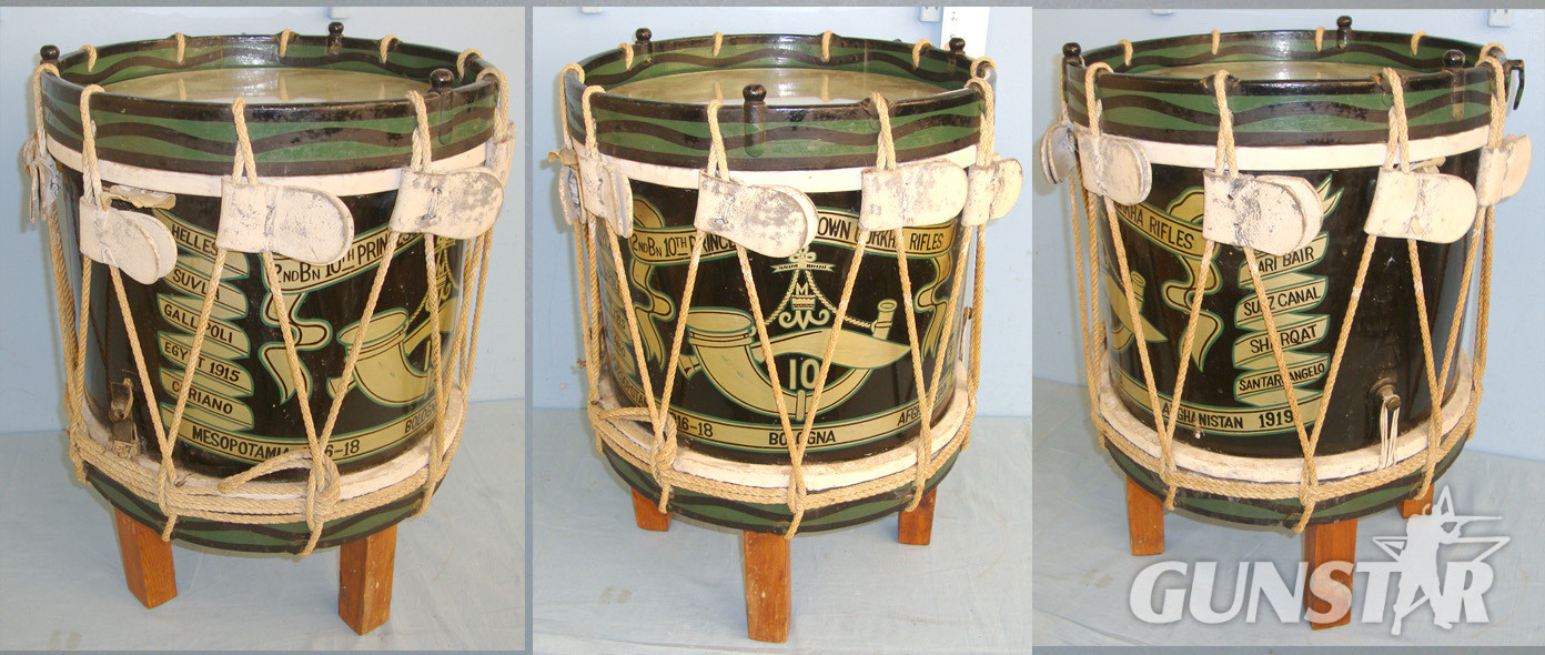 WW1 Era Hand Painted Regimental Side Drum Of The 2nd Battalion 10th Princess Mary\'s Own Gurkha Rifles With Painted Regiment badge & 1916-1919 Battle Honours Later Converted To Side Table. Sn 20740  Antique & Militaria in 