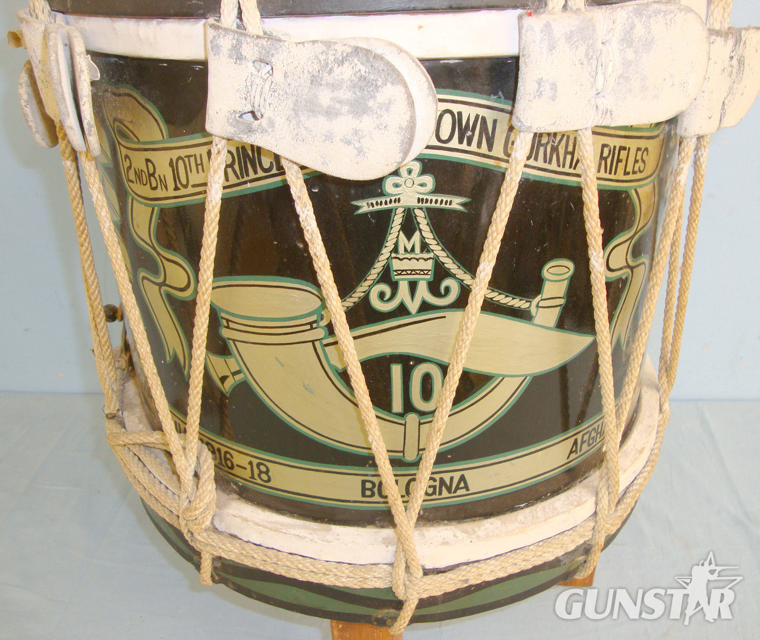 WW1 Era Hand Painted Regimental Side Drum Of The 2nd Battalion 10th Princess Mary\'s Own Gurkha Rifles With Painted Regiment badge & 1916-1919 Battle Honours Later Converted To Side Table. Sn 20740  Antique & Militaria