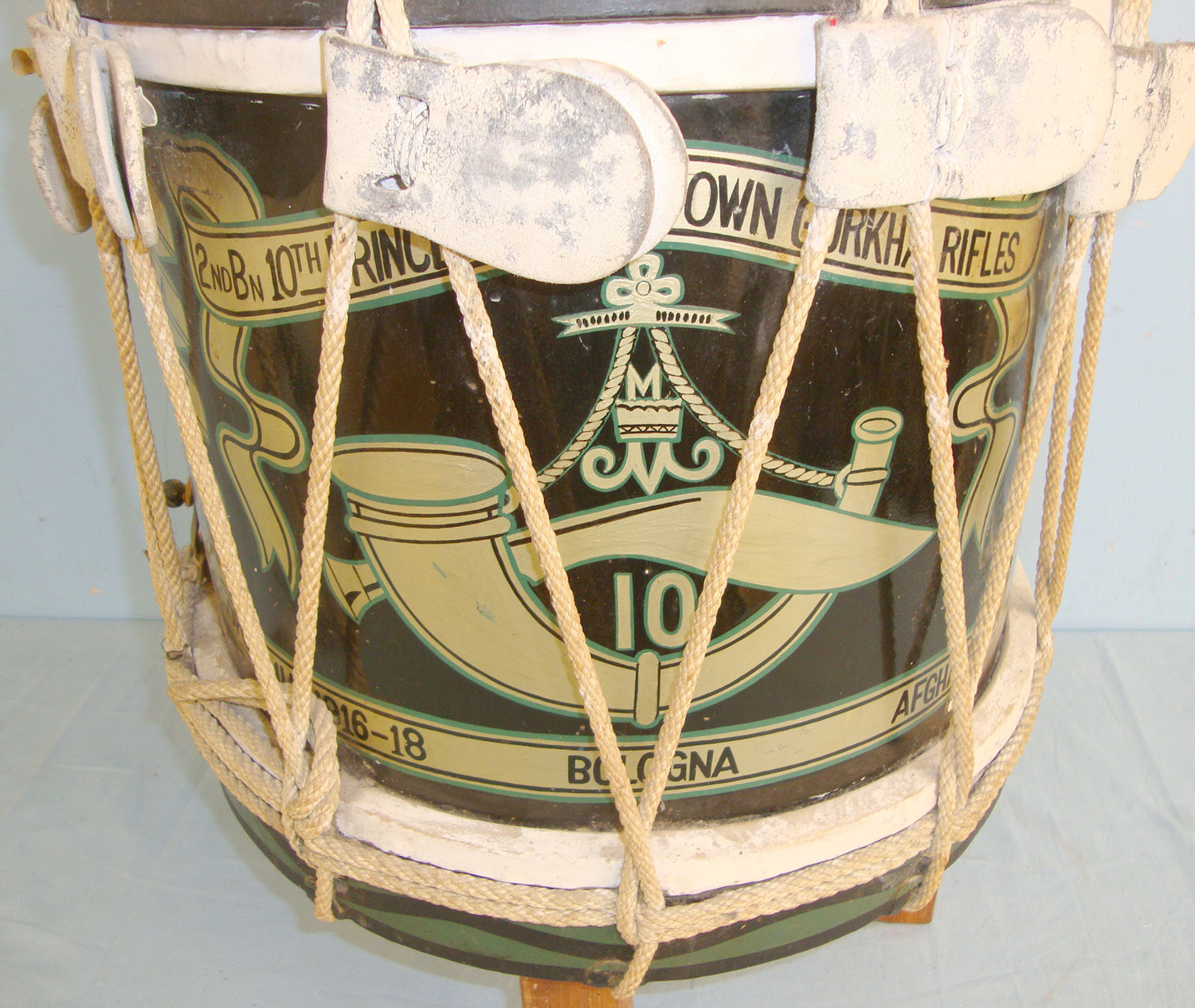 WW1 Era Hand Painted Regimental Side Drum Of The 2nd Battalion 10th Princess Mary\'s Own Gurkha Rifles With Painted Regiment badge & 1916-1919 Battle Honours Later Converted To Side Table. Sn 20740  Antique & Militaria