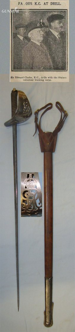 OSCAR WILDE’S BARRISTER CONNECTIONS**WW1 1916 British 1897 Pattern SJ Pillin London Infantry Officer’s Presentation Sword With King George V Guard & Etched Blade To Sub Commandant Sir Edward Clarke KC PC By Staines (Middlesex) Volunteer Training Corps Sword in 