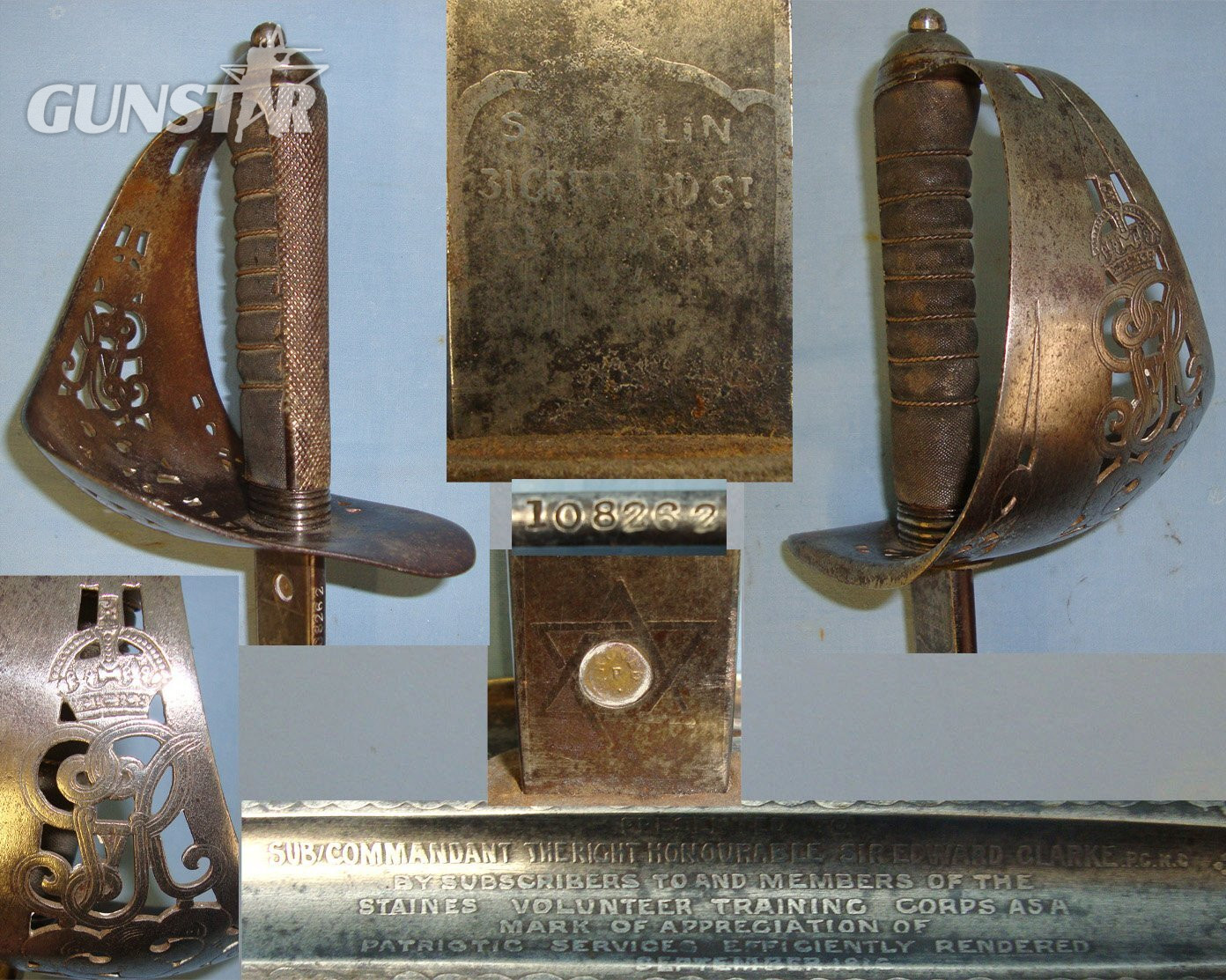OSCAR WILDE’S BARRISTER CONNECTIONS**WW1 1916 British 1897 Pattern SJ Pillin London Infantry Officer’s Presentation Sword With King George V Guard & Etched Blade To Sub Commandant Sir Edward Clarke KC PC By Staines (Middlesex) Volunteer Training Corps Sword