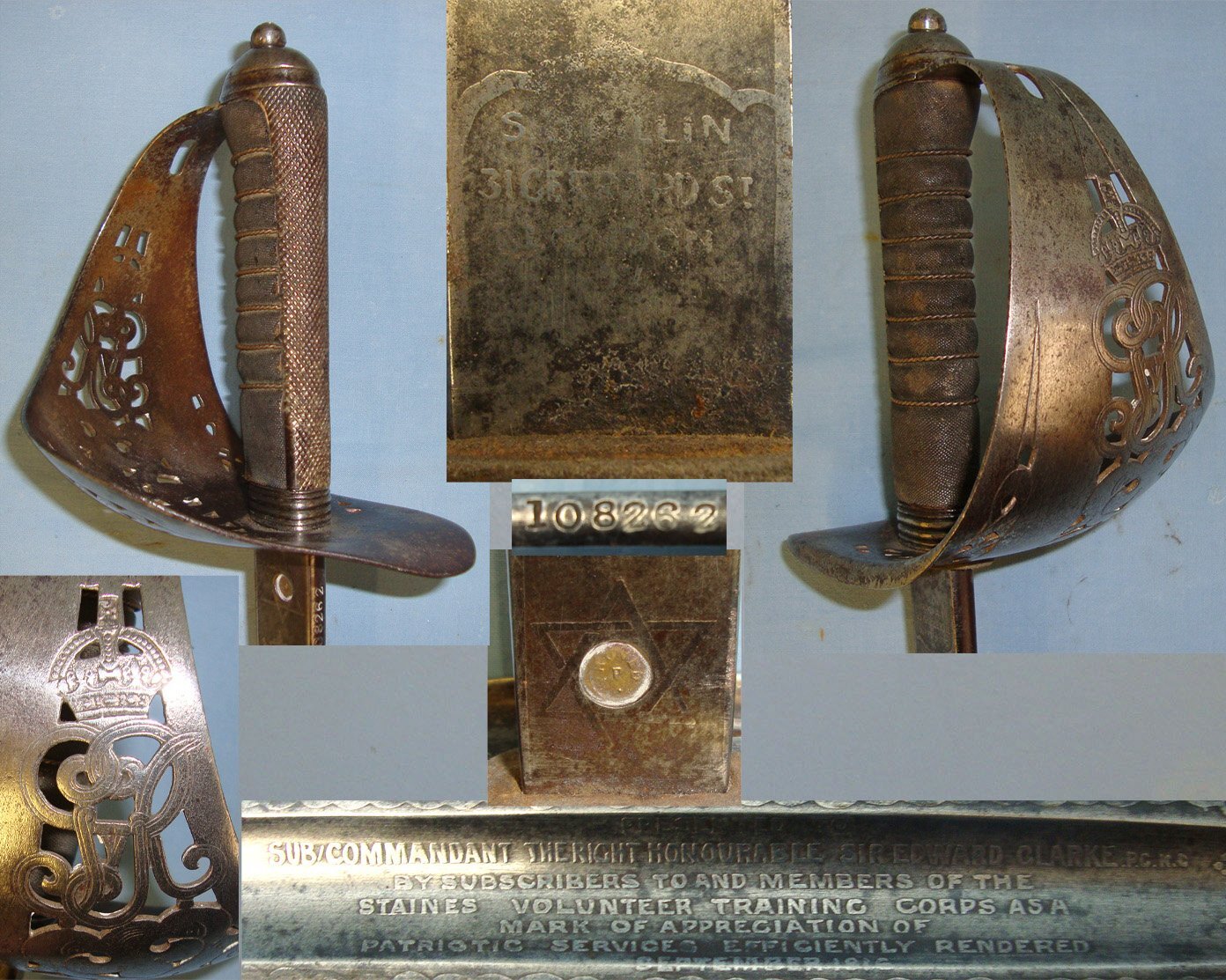 OSCAR WILDE’S BARRISTER CONNECTIONS**WW1 1916 British 1897 Pattern SJ Pillin London Infantry Officer’s Presentation Sword With King George V Guard & Etched Blade To Sub Commandant Sir Edward Clarke KC PC By Staines (Middlesex) Volunteer Training Corps Sword