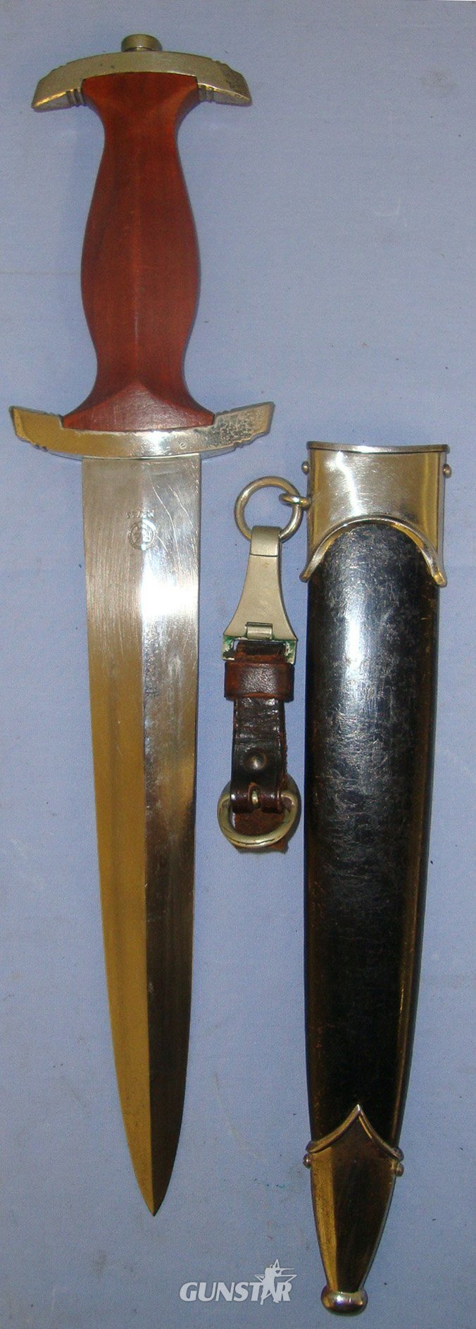  WW2 Production Nazi German 1933 Pattern NSKK Dagger By RZM M7 / 33 (F W. Holler, Solingen), Motto Etched Blade & Scabbard With Belt Hanger. Sn 21419 Dagger