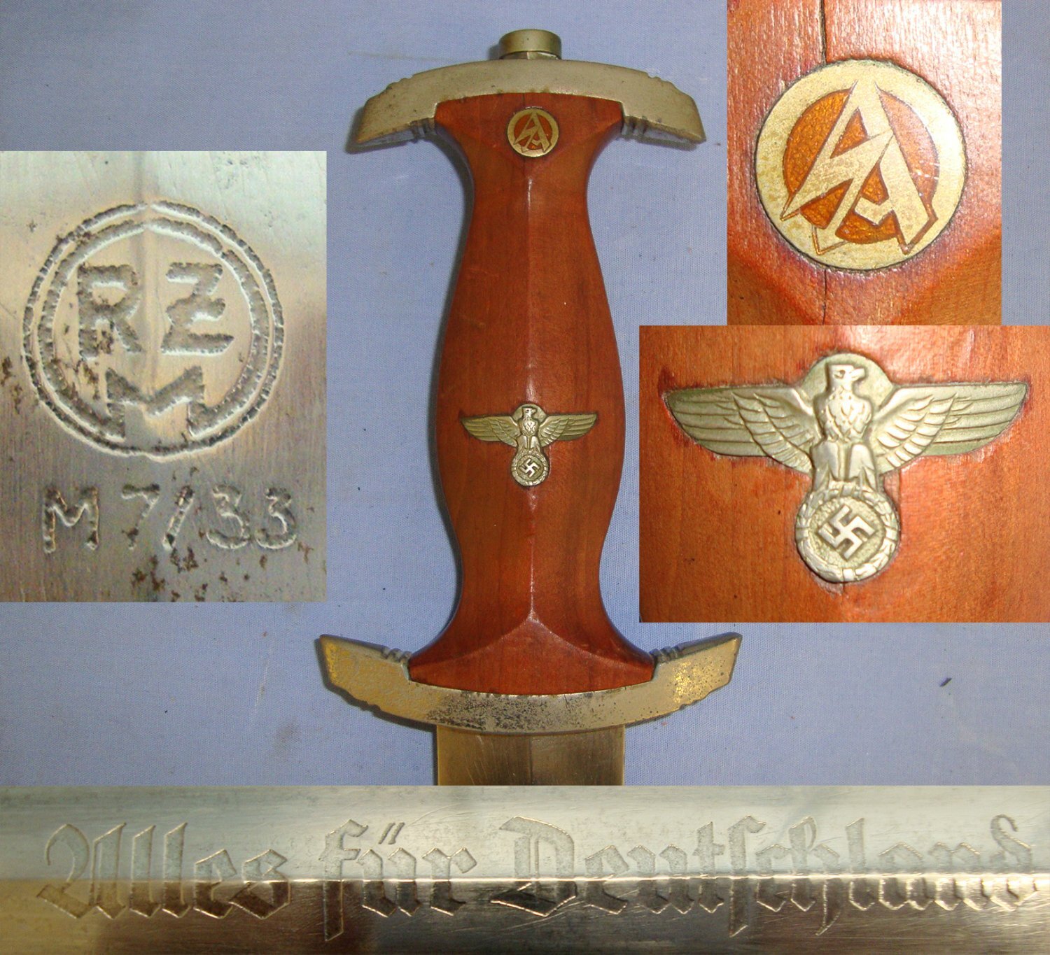 WW2 Production Nazi German 1933 Pattern NSKK Dagger By RZM M7 / 33 (F W. Holler, Solingen), Motto Etched Blade & Scabbard With Belt Hanger. Sn 21419 Dagger