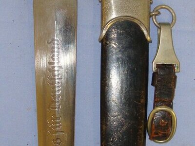 WW2 Production Nazi German 1933 Pattern NSKK Dagger By RZM M7 / 33 (F W. Holler, Solingen), Motto Etched Blade & Scabbard With Belt Hanger. Sn 21419 Dagger