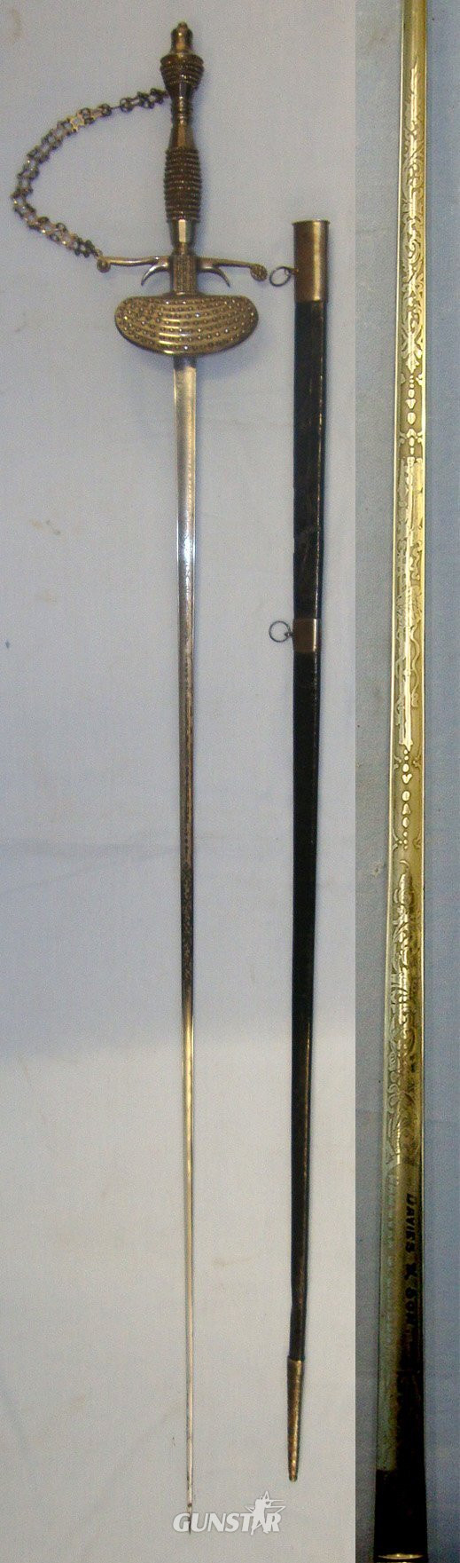 Early 19th Century British Georgian Era Davies & Son Hanover London Court Small Sword With Ornate Clam Shell Hilt, Guard Chain & Scabbard. ED 2391 Sword in 