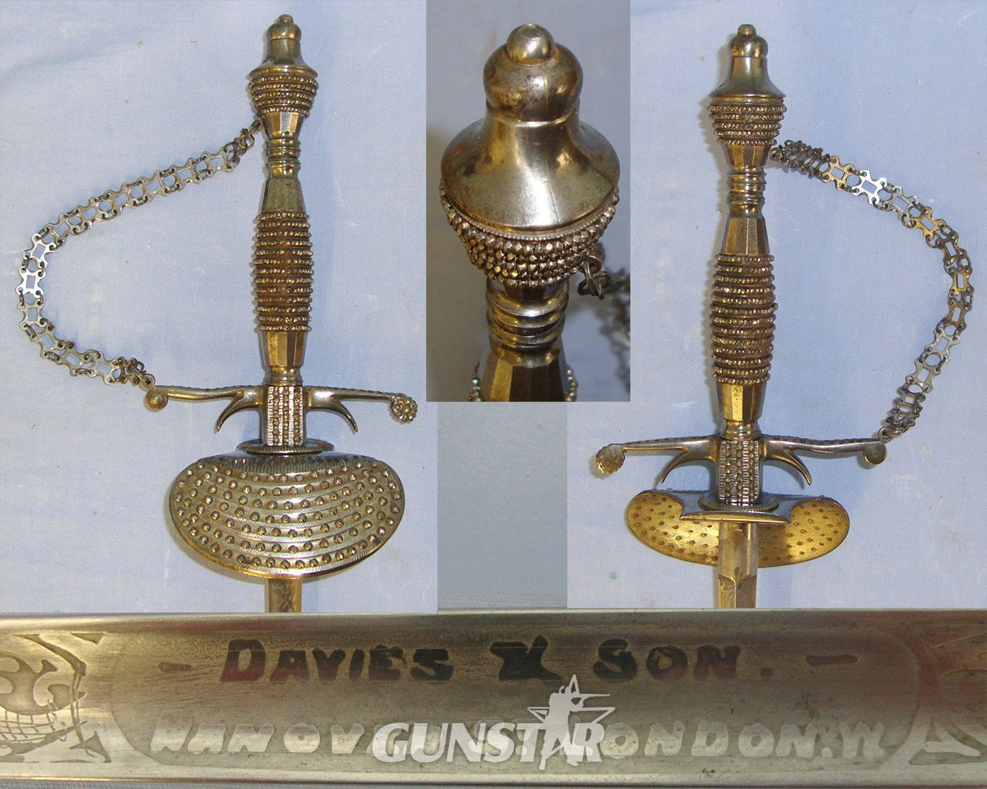 Early 19th Century British Georgian Era Davies & Son Hanover London Court Small Sword With Ornate Clam Shell Hilt, Guard Chain & Scabbard. ED 2391 Sword