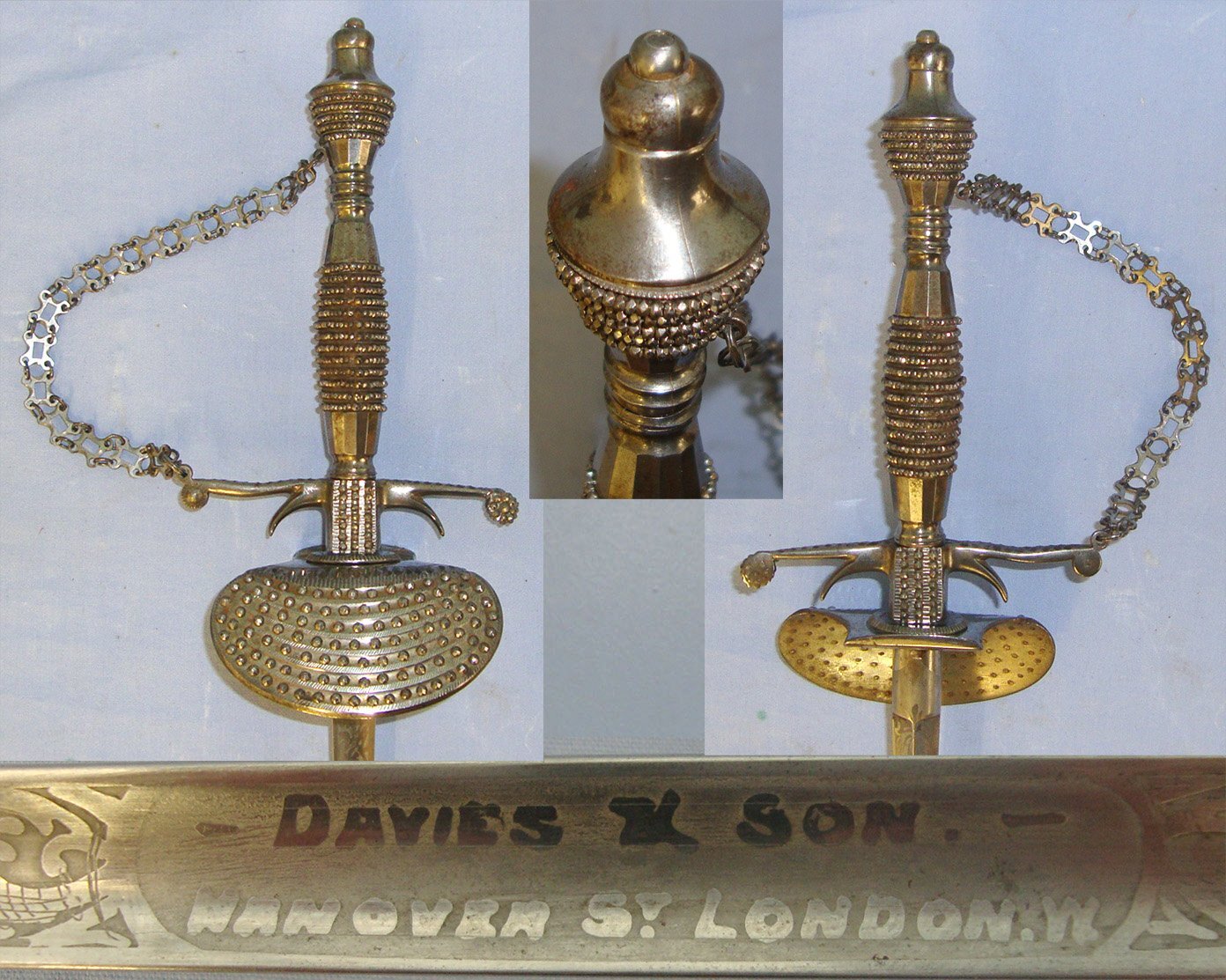 Early 19th Century British Georgian Era Davies & Son Hanover London Court Small Sword With Ornate Clam Shell Hilt, Guard Chain & Scabbard. ED 2391 Sword