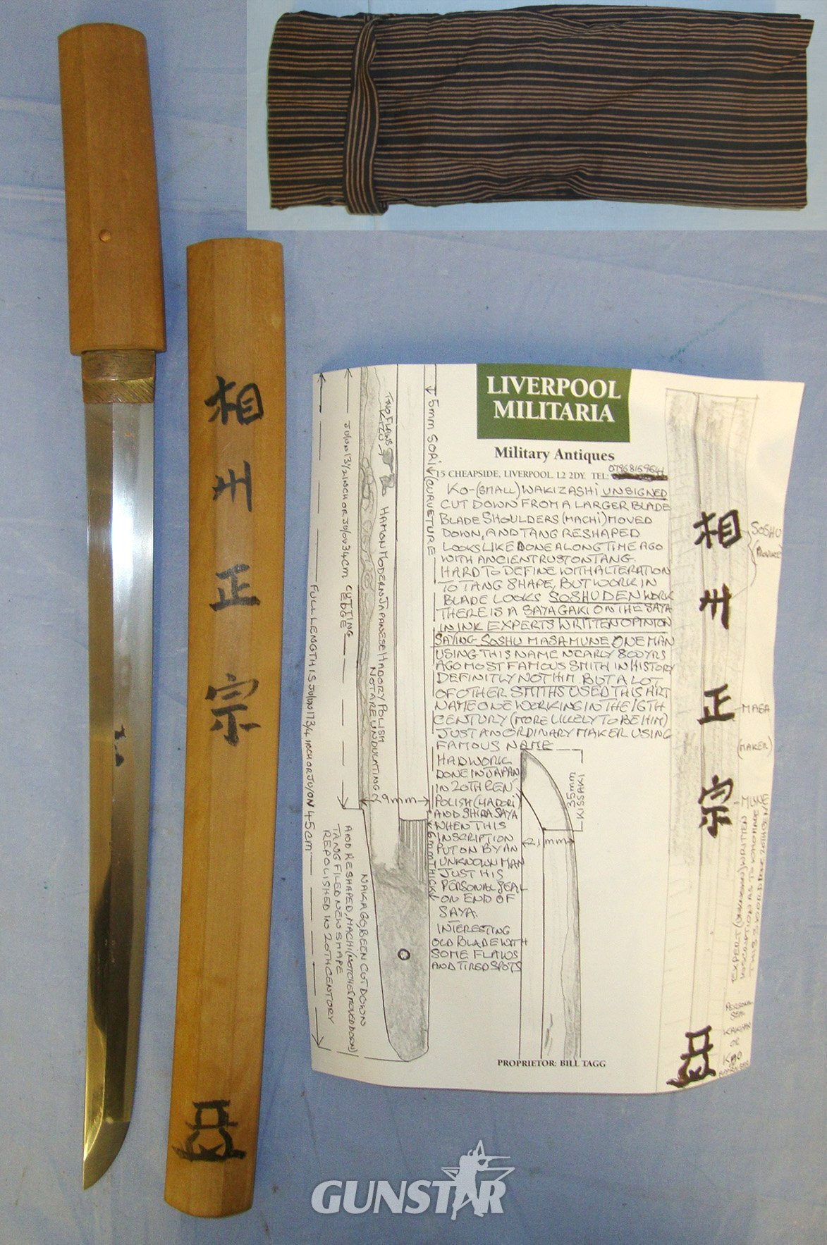 ANCIENT 16th CENTURY BLADE**Japanese Soshuden School Ko (Small) Wakizashi Sword Blade In Wood Shira Saya Resting Mounts Sayagaki Signature ‘Soshu Masa Mune’ With Carry Bag / Cover & Expert Assessment. Sn 22238 Sword in 
