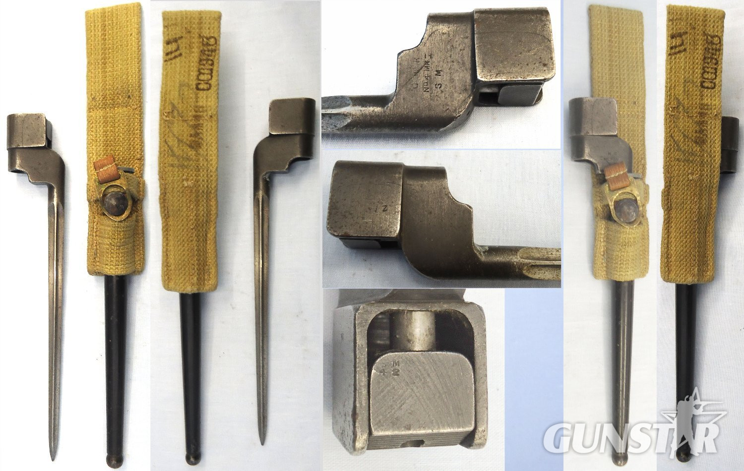 British, WW2, 1942 Dated, Lee Enfield No 4 MK I Cruciform Spike Bayonet by SM (Singer Manufacturing Co) with MK I Scabbard and Webbing Frog & Safety Clip. - BAYO 902 Bayonet in 