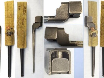 British, WW2, 1942 Dated, Lee Enfield No 4 MK I Cruciform Spike Bayonet by SM (Singer Manufacturing Co) with MK I Scabbard and Webbing Frog & Safety Clip. - BAYO 902 Bayonet