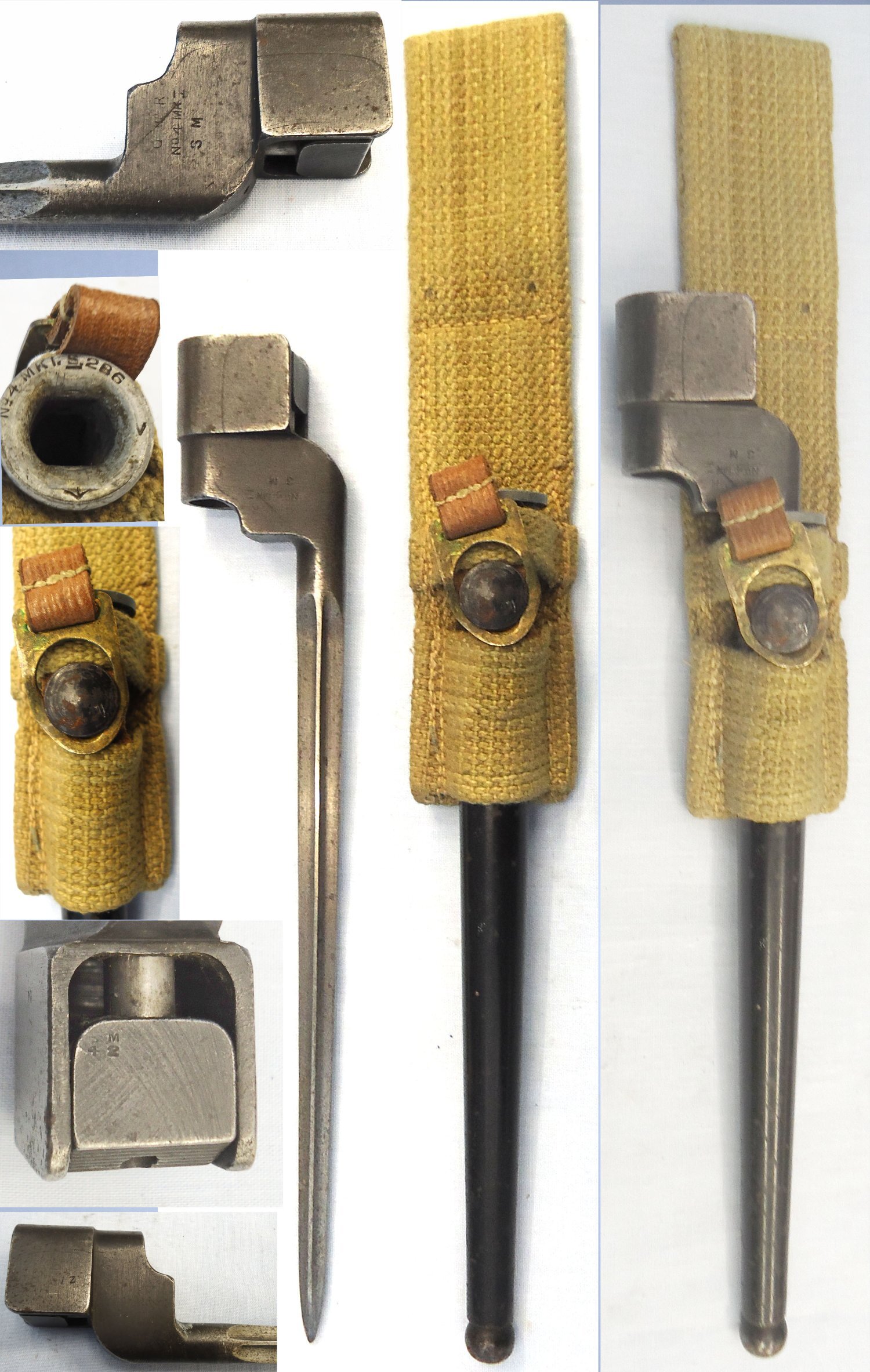 British, WW2, 1942 Dated, Lee Enfield No 4 MK I Cruciform Spike Bayonet by SM (Singer Manufacturing Co) with MK I Scabbard and Webbing Frog & Safety Clip. - BAYO 902 Bayonet