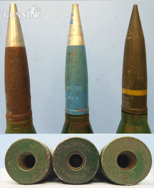 INERT DEACTIVATED. 3 x Oerlikon 35mm KDC (35x228) Practice Rounds. - O 1796 INERT DEACTIVATED. 3 x Oerlikon 35mm KDC (35x228) Practice Rounds. - O 1796  Other Ammunition