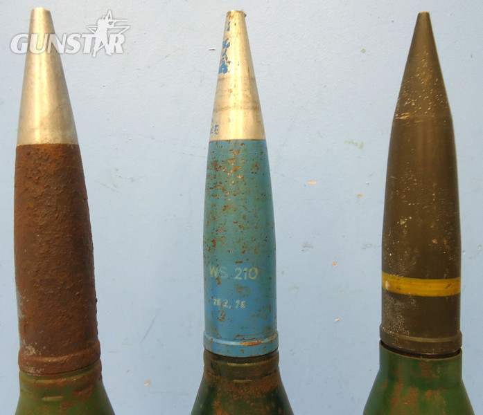 INERT DEACTIVATED. 3 x Oerlikon 35mm KDC (35x228) Practice Rounds. - O 1796 INERT DEACTIVATED. 3 x Oerlikon 35mm KDC (35x228) Practice Rounds. - O 1796  Other Ammunition - {CATEGORY}
