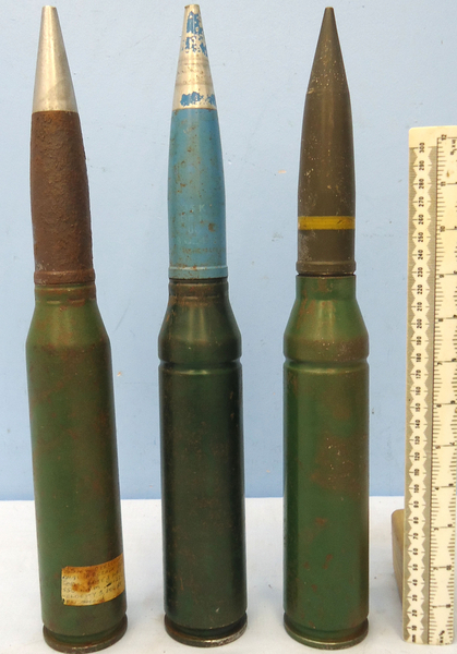  INERT DEACTIVATED. 3 x Oerlikon 35mm KDC (35x228) Practice Rounds. - O 1796 INERT DEACTIVATED. 3 x Oerlikon 35mm KDC (35x228) Practice Rounds. - O 1796  Other Ammunition