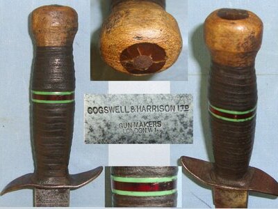 VERY RARE**1st TYPE**WW1 Era British Officer’s Private Purchase Cogswell & Harrison London Trench Fighting knife / Dagger With Special Order Leather Bound Wood Grip Inset With Celluloid Band & Original Leather Scabbard. Sn 22235 Dagger