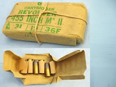 INERT DEACTIVATED. British, 1936 Dated, .455 Webley & Enfield Mark VI Revolvers 6 round service pack. O 2221 INERT DEACTIVATED. British, 1936 Dated, .455 Webley & Enfield Mark VI Revolvers 6 round service pack. O 2221 Various Other Ammunition