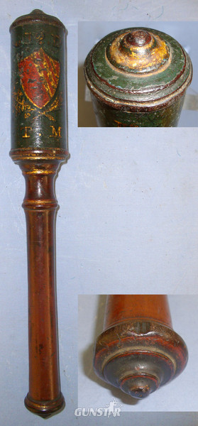  1808 Dated British George III Mahogany Baluster Tipstaff / Truncheon With Hand Painted Decoration Crown GR III Royal Cypher, ‘*12.D’ Between Shield Device ‘T.M’  Antique & Militaria