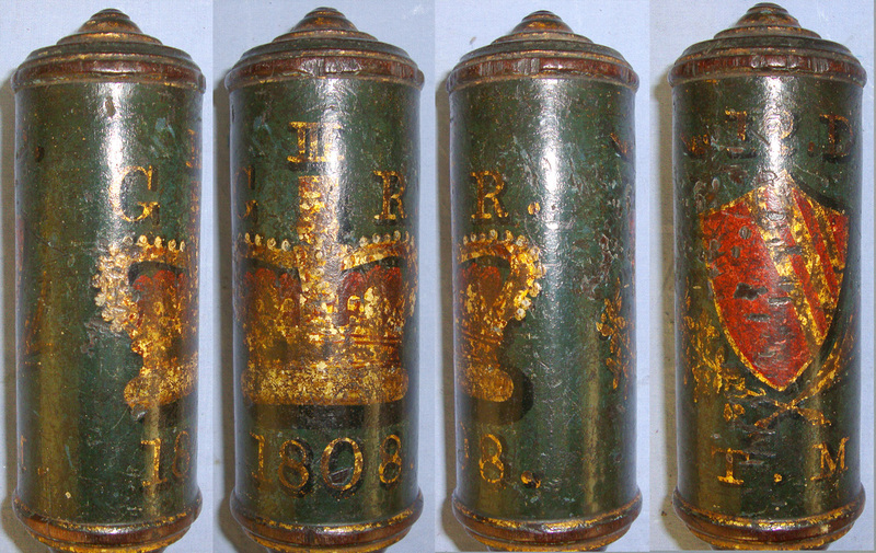1808 Dated British George III Mahogany Baluster Tipstaff / Truncheon With Hand Painted Decoration Crown GR III Royal Cypher, ‘*12.D’ Between Shield Device ‘T.M’  Antique & Militaria