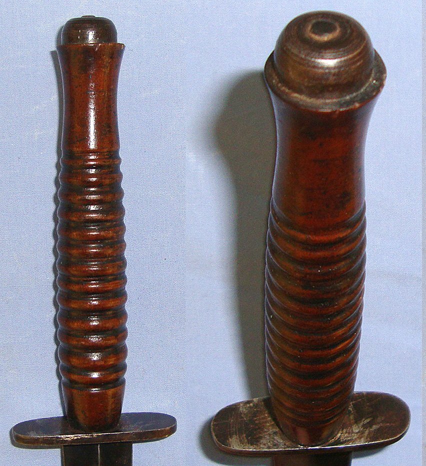 WW2 British Wood Hilt Variant Fairbairn Sykes, FS Far East Operations Commando & RAF Pilot’s Fighting Knife With Wood Hilt & Scabbard With Webbing Frog. Sn 23174:14 Knive