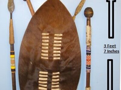 Early 20th Century Hand Crafted Tribal Tourist Piece Zulu Warrior’s Ingubha (Cow Hide) Umbumbuluzo Small War Shield With Removable Staff, Assegai Stabbing Spear & Knobkerry War Club Also Additional Assegai & Knobkerrie With Decorative Bead Work - 17840: Early 20th Century Hand Crafted Tribal Tourist Piece Zulu Warrior’s Ingubha (Cow Hide) Umbumbuluzo Small War Shield With Removable Staff, Assegai Stabbing Spear & Knobkerry War Club Also Additional Assegai & Knobkerrie With Decorative Bead Work - 17840: Other Accessory