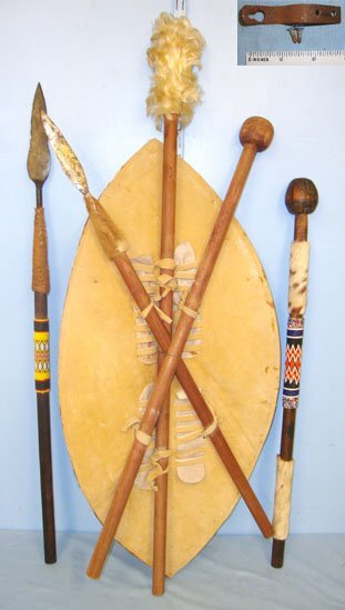  Early 20th Century Hand Crafted Tribal Tourist Piece Zulu Warrior’s Ingubha (Cow Hide) Umbumbuluzo Small War Shield With Removable Staff, Assegai Stabbing Spear & Knobkerry War Club Also Additional Assegai & Knobkerrie With Decorative Bead Work - 17840: Early 20th Century Hand Crafted Tribal Tourist Piece Zulu Warrior’s Ingubha (Cow Hide) Umbumbuluzo Small War Shield With Removable Staff, Assegai Stabbing Spear & Knobkerry War Club Also Additional Assegai & Knobkerrie With Decorative Bead Work - 17840: Other Accessory