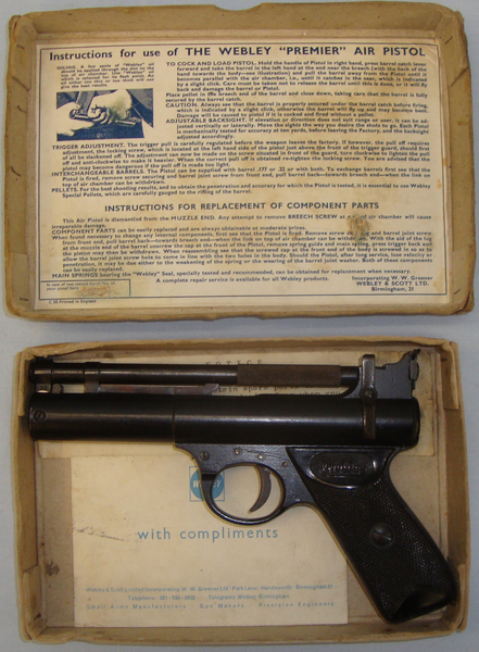 Webley & Scott Boxed, Webley Premier \'E\' Series .22 Calibre Air Pistol. AI 619. .22