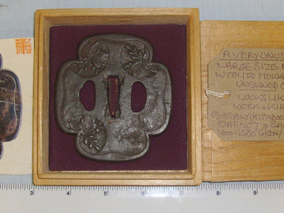 Japanese Early Edo Period 1600-1680’s Tembo Armourer’s Work Mokko 4 Lobe Shape Iron Tsuba For Handachi (Half Dachi) Katana Decorated With Kiri Mon Badges. Sword